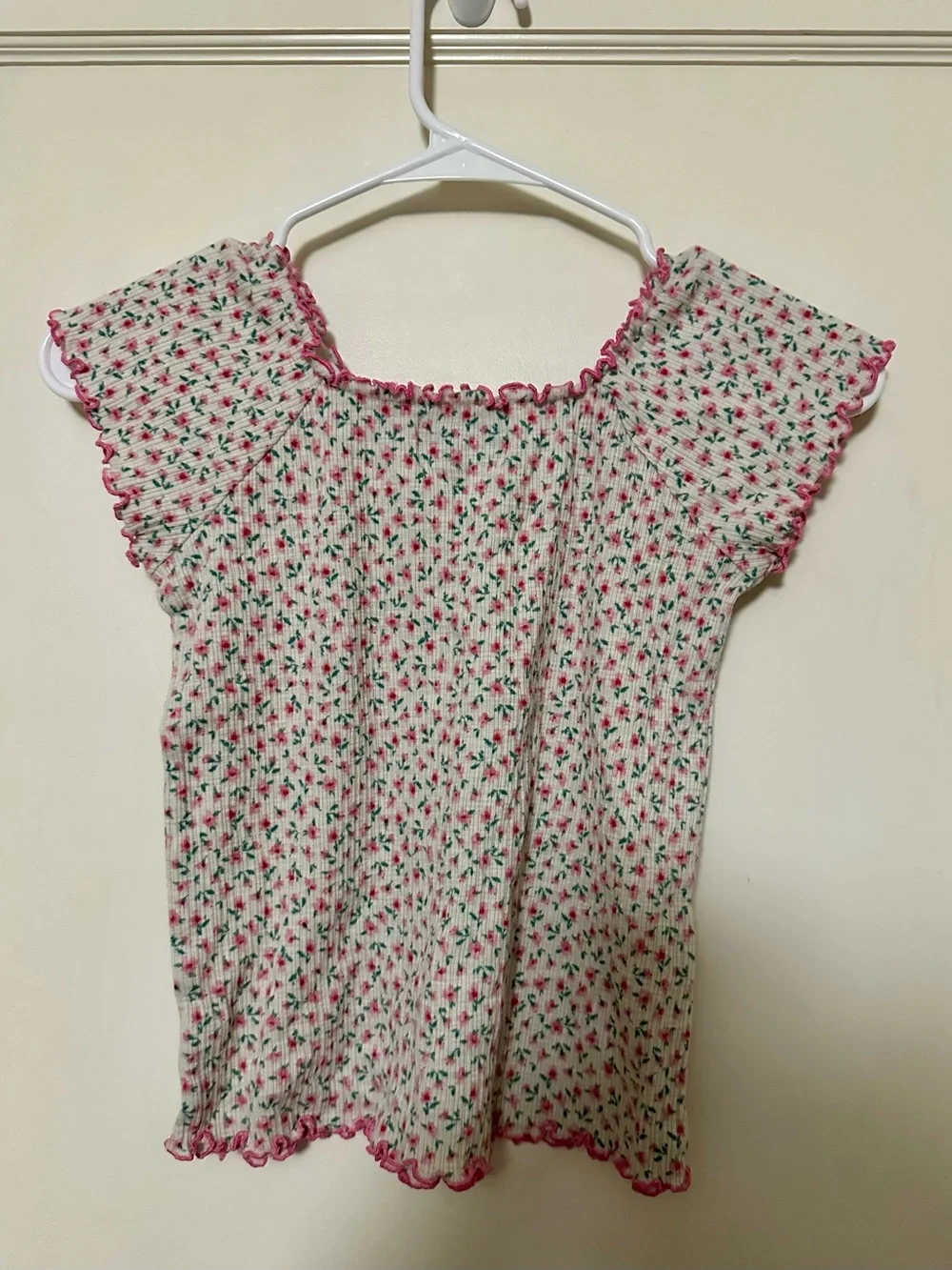 Floral Ribbed Smocked Crop Top with Lettuce Edge Trim
